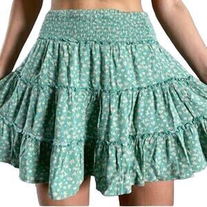 American Eagle Skirt Tiered Ruffle Floral Thick Elastic Waist Flowy Mini Green S